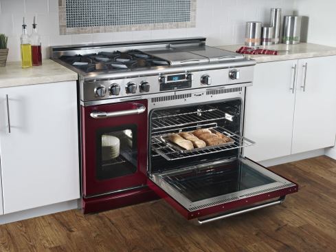 The dual-fuel Connoisseurian series from Capital Cooking Equipment comes in open- and sealed-burner versions in 30-, 36-, 48-, and 60-inch configurations. The oven uses a two-speed cooling fan, with a higher-powered fan triggered only when the oven is used at 400 degrees for more than two hours. Capital Cooking, www.capital-cooking.com; 866.402.4600.