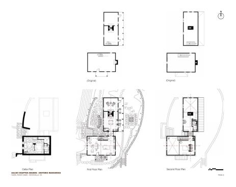 "Before" and "after" floorplans of the Hazel River Cabin.