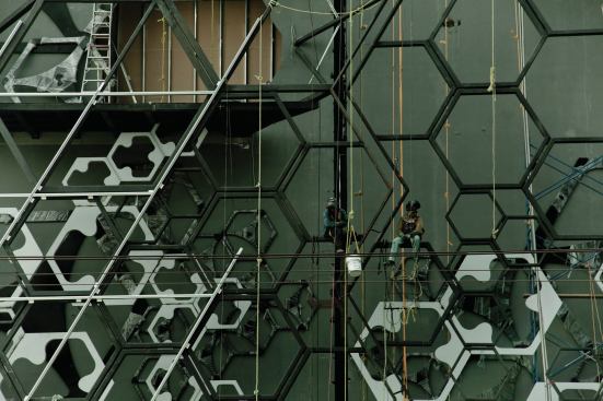 Installation of the façade assembly.