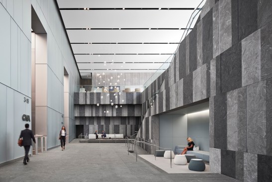 Lobby, with elevator core at left and sunken conversation area at right 