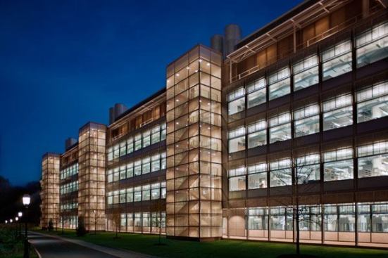 A view of the building at night.