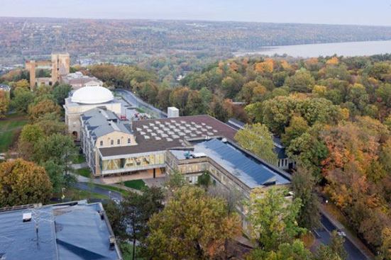 An aerial view of Milstein Hall, Cornell University’s new Architecture, Art, and Planning building.