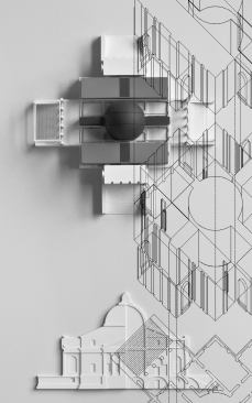 Villa Rotonda Model overlaid with axonometric