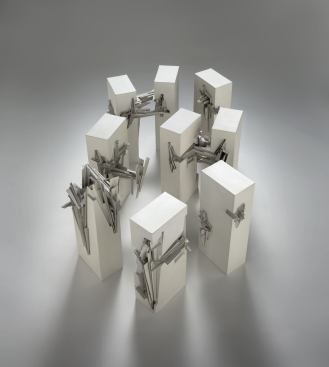 Lebbeus Woods, Nine Reconstructed Boxes, 1999; plastic models and ten sketches; 11 in. x 8 1/2 in. (27.94 cm x 21.59 cm); Collection SFMOMA, Accessions Committee Fund purchase