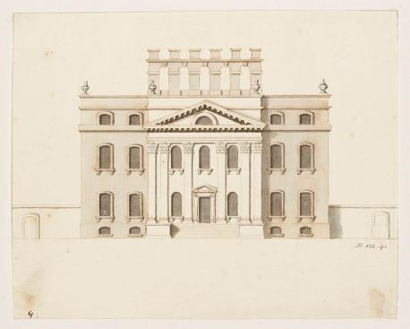 A circa 1712 rendering from Vanbrugh’s office of the south, or entrance front of King’s Weston