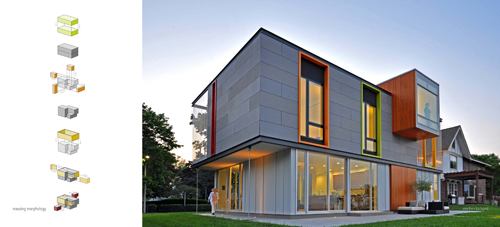 OS House  Award of Excellence 
Johnsen Schmaling Architects LEED Platinum-certified and with a view of Lake Michigan, 
OS House in Racine, Wis., encompasses a series of outdoor and indoor spaces in a single rectangular volume. Thin concrete panels function as a rainscreen and help create an 8-inch-deep ventilated, insulated envelope, transforming into a veil of metal rods in the outdoor rooms that maintain the view but also define the spaces’ boundaries. Photovoltaic roof laminates couple with a freestanding solar array to produce 80 percent of the home’s power, supplemented by a deep-well geothermal system.