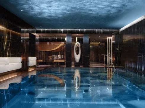 The spa’s stainless steel swimming pool is accented with LED uplights.