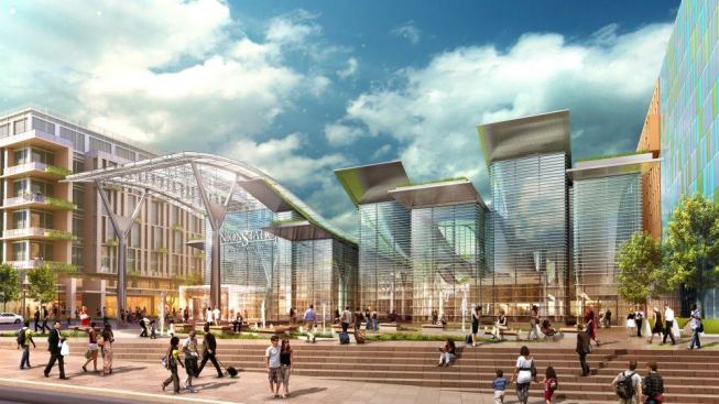 The new HOK-designed train shed, as seen from H Street, will integrate new passenger concourses with significant retail and passenger amenities and a series of new street entrances with the existing station.