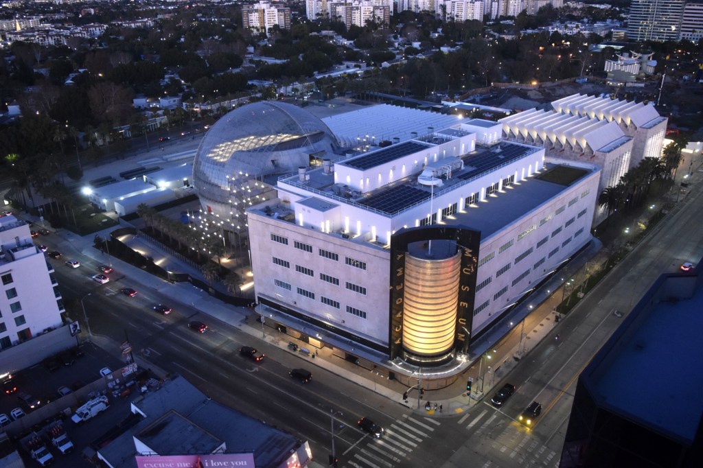 Aerial to the northeast, the Academy Museum of Motion Pictures