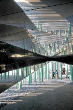 View outside from the mirror-clad entry space