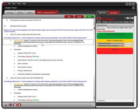 Screenshot from Altarix, Arcom's software for writing and editing project specifications.