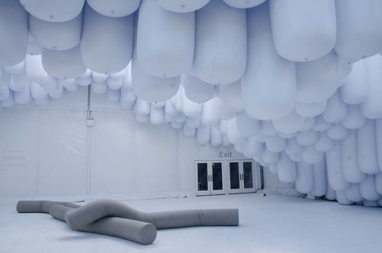 Drift, the entrance pavilion for Design Miami/2012, allows for filtered light to pass through the crevices of the inflated tubes, and collectively forms a topographical canopy.