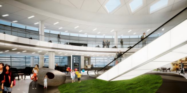 Children's play spaces involve sculptural elements within landscaped portions of the concourses.