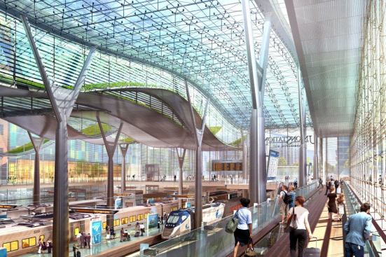 This interior view of the station shows the reconstructed track and platforms at the main level. Amtrak's master plan revitalizes the historic station, triples passenger capacity, doubles the number of trains the station can handle, and improves the quality of the passenger experience.