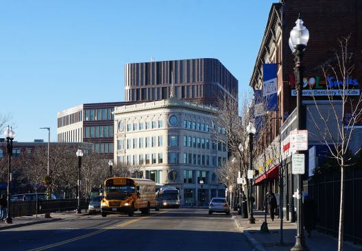 The northeast corner of the Bolling building, which features the restored façade of the 1895 Ferdinand furniture store.