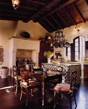 Rancho Dos Vidas, Frio County, Texas – kitchen featuring colorful handmade Mexican tiles and a timber ceiling.