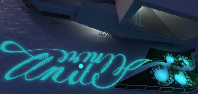 The paint glows in the dark, and from the upper galleries, visitors can see that the script spells out the title of the installation: Unire/Unite.