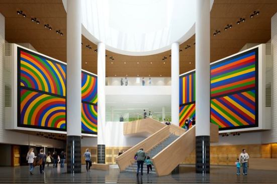 SFMOMA's new Snøhetta-designed stair from the Third Street entrance, with previous atrium art installation by Sol LeWitt.