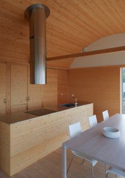 The compact kitchen uses stock cabinet boxes wrapped in the same fir paneling as the walls.