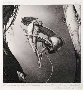 Lebbeus Woods, Photon Kite, from the series Centricity, 1988; graphite on paper; 24 in. x 22 in. (60.96 cm x 55.88 cm); Collection SFMOMA, purchase through a gift of the Members of the Architecture + Design Forum, SFMOMA Architecture and Design Accessions Committee, and the architecture and design community in honor of Aaron Betsky, Curator of Architecture, Design and Digital Projects, 1995–2001