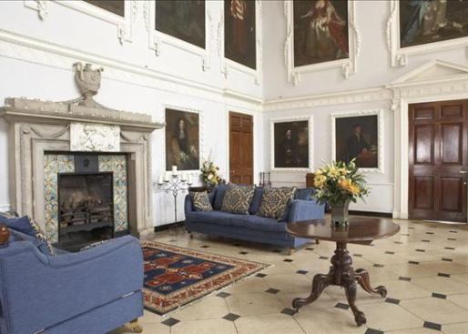 The entrance hall. Its floor, mantel, and plasterwork date to a 1763 renovation by Scottish architect Robert Mylne, a pupil of Piranesi.