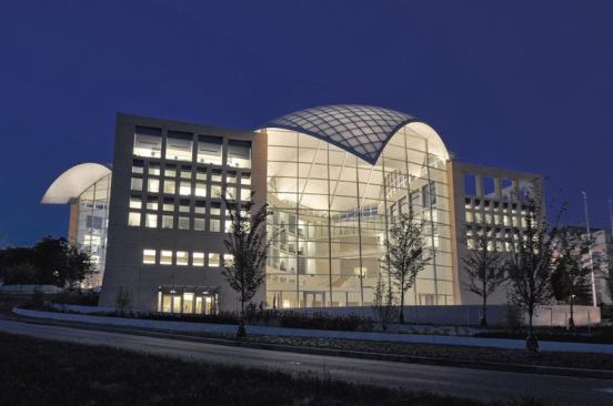 An exterior view of the building. A central  lighting control system coordinates a occupancy sensing, daylight sensing, and  local preset scene control for maximum energy savings.