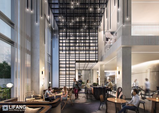 Lobby of the hotel, dining center interior rendering by Lifang