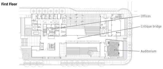 OPEN STUDIOS 
The studio spaces are not only open to each other, but also to the first-floor critique bridge, a space with rotating pinup boards and room for classes to gather. "Anything can happen in this space," says Predock. "It is the pulse of an architecture school. Here it's not locked away, it's at the crossroads." The open studios themselves were a conscious change from what the school had before, and a positive one, says Schluntz: "You just sense the intensity. Because of the openness, there is a lot of wonderful engagement that we didn't have previously."