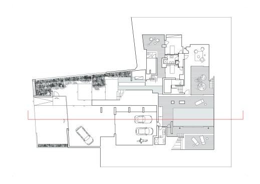 low level - underground with swimming pool, park places and service spaces