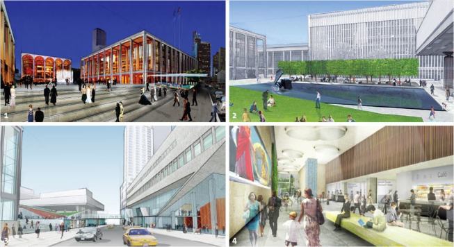 Promenade, August 2009 (top left). To reconfigure the campus' main entrance at the Josie Robertson Plaza, DS+R and Beyer Binder Belle submerge the vehicular access road that separates it from Columbus Avenue below. A broad travertine staircase features risers with scrolling LED panels to broadcast event information; Morphing Lawn, Fall 2010 (top right). The hyperbolic paraboloid form of the public lawn on the North Plaza is so dramatic that it is easy to forget it is a green roof. It sits atop a new restaurant pavilion that overlooks 65th street, and touches ground at the edge of the renovated reflecting pool; a thin glass barrier keeps people from wandering too close to the edge; 65th Street, Fall 2010 (bottom left). DS+R will remove the 210-foot wide concrete pedestrian bridge over 65th street, and use the resulting openness to give a fresh public face to each institution on the block. Wider sidewalks accommodate crowds and provide continuity with the revamped North Plaza across the street. A new, more delicate pedestrian bridge will be put in place to ensure that Alice Tully Hall and Juilliard remain readily connected to the main Lincoln Center campus; Visitor Center, Fall 2009 (bottom right). Harmony Atrium, an open-air passge connecting Columbus Avenue and Broadway, will give way for a Visitor Center designed by Tod Williams Billie Tsien Architects. The long and narrow space is lit by 16 large oculi, and house a cafe and discount ticket booth.  