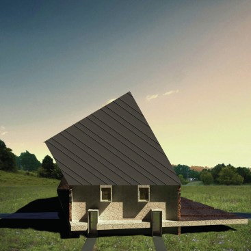 The western elevation for Stonebarn Retreat, the design for a meditation camp that reimagines the simple forms of a barn and a gabled tin roof.