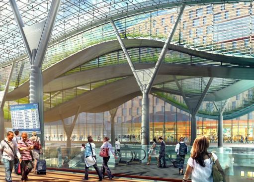 Green roofs will help to mitigate stormwater runoff; excess water will drain within the columns supporting the roof structure.