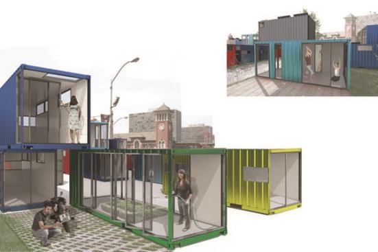 ISA's rendering for a competition to design a multifamily residential building using shipping containers.