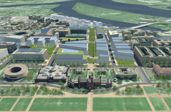 Recommended SW Ecodistrict revitalization scenario, view south from the National Mall.