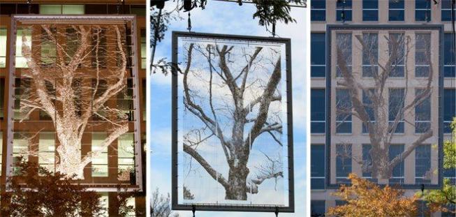 Samples of the metal tapestries, on display in front of the U.S. Department of Education.