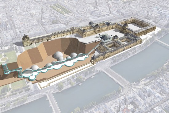 Axonometric view of the Louvre with the Bunker Museum superimposed