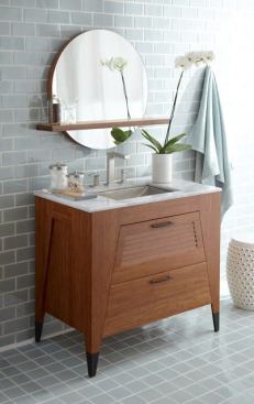 The Trinidad vanity’s carved horizontal slats are reminiscent of the louvered window shutters on Caribbean cottages. Made from woven strand bamboo, it comes with metal-wrapped feet and two soft-close drawers. Two sizes are available: 24½ inches and 36½ inches. www.nativetrails.net.