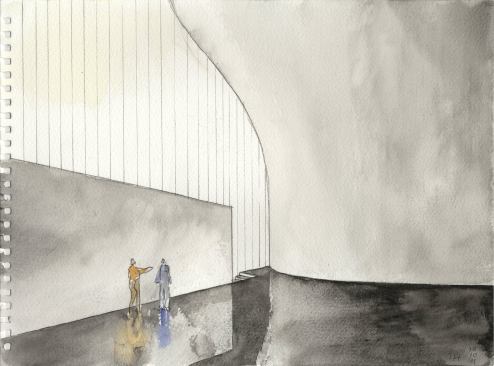 Watercolor of interior, showing gallery