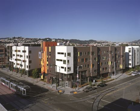 Armstrong Place includes family and senior housing with access to transit, open green spaces, and a car-share pool. 
Project: Armstrong Place, San Francisco; 
Architect: David Baker + Partners, San Francisco; 
Builders: Nibbi Brothers General Contractors, San Francisco; Roberts Obayashi Corporation, Danville, Calif.