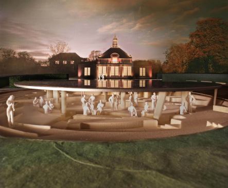 A rendering of the pavilion and Serpentine Gallery at dusk