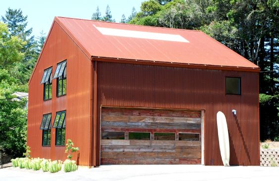 When the plan is a family retreat for a couple with six kids, durability is a must. To that end, this accessory building is outfitted with Corten steel for its roof and siding, but the family compound is kept bright and cheery by its fire engine red color. Project: Aptos Retreat, Aptos, Calif.; Builder: M B S Custom Builders, Scotts Valley, Calif.; Architect: CCS Architecture, San Francisco