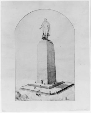 Washington Monument grounds, Senate Park Commission Plan, 1902 
Courtesy of U.S. Commission of Fine Arts  Created in 1901 by Michigan Senator James McMillan to create “a plan for the improvement of the entire park system of the District of Columbia,” the McMillan Commission, officially known as the Senate Park Commission, was, according to Martin Moellner, “the most influential force in the design of Washington since L’Enfant.” The commission, which comprised architects Daniel H. Burnham and Charles Follen McKim, sculptor Augustus Saint-Gaudens, and landscape architect Frederick Law Olmstead, Jr., took its neoclassical cues from the “White City” aesthetic advocated by the 1893 World’s Columbian Exposition in Chicago. Due to soil problems, the Monument was built east-southeast of its original intended location. Shown here is the McMillan Commission’s plan for the site, featuring a wide staircase leading down to a circular pool—which also remained unbuilt due to poor soil conditions.
