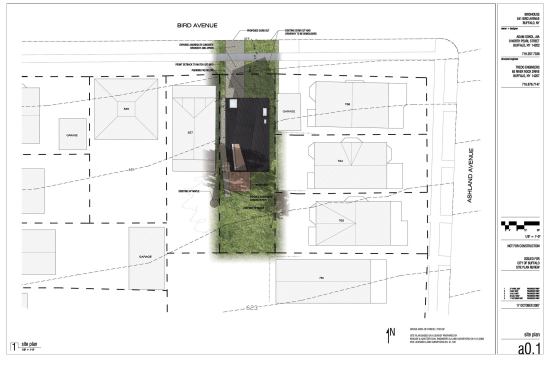 The site plan shows how many houses abut the narrow lot in this dense neighborhood.