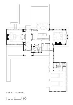 First floor plan. Living areas in the room-width house are lined up like a train along the rear southern exposure. The stairwell was bumped to the front, inspiring a tower that marks the entryway.