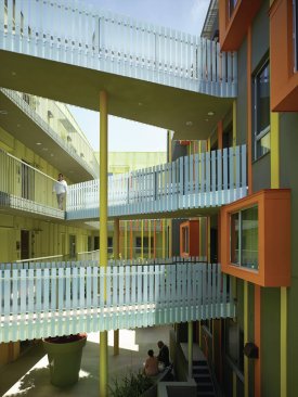 Bridges that criss-cross over the internal courtyard provide circulation for the complex.