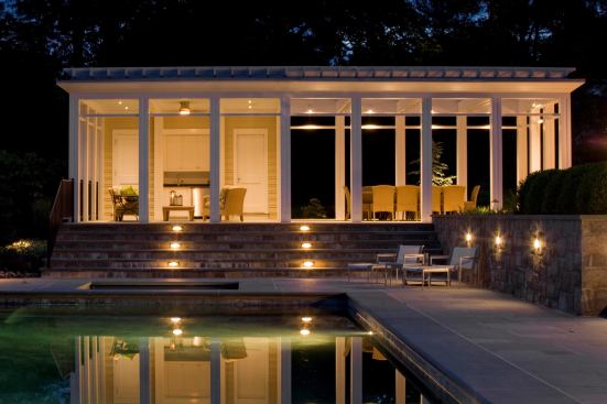 Inspired by the pavilions of India, this partly covered pavilion allows light to filter through its open pergola beams and offers an elevated vantage point to view the accompanying pool. Project: O’Brien Pool Pavilion, Greenwich, Conn.; Builder: H&Y Construction, Brookfield, Conn.; Architect: Saniee Architects, Greenwich