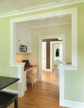 Expanding a transition space between living areas provides a clearly designated office space that stays wide open to the rest of the home. Project: Private Residence, Jamestown, R.I.; Architect: Union Studio Architecture and Community Design, Providence, R.I.