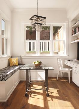 In the kitchen, a breakfast nook (featuring a chandelier made of cutlery) and a built-in desk increase functionality. The walls feature Knauf EcoBatt insulation, ranging from R-19 to R-30.