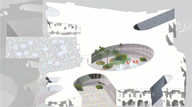 Axonometrics and the elevation for the Gamuda Town Centre in Selangor, Malaysia. The firm’s proposal spans 8 acres and aims to balance demands for the calm of suburbia and the liveliness of urban environments.