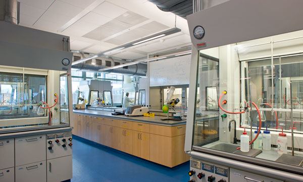 White ceilings and concealed services in teaching  labs allow pendant lights to downlight benches and also provide indirect light  for the whiteboards.
